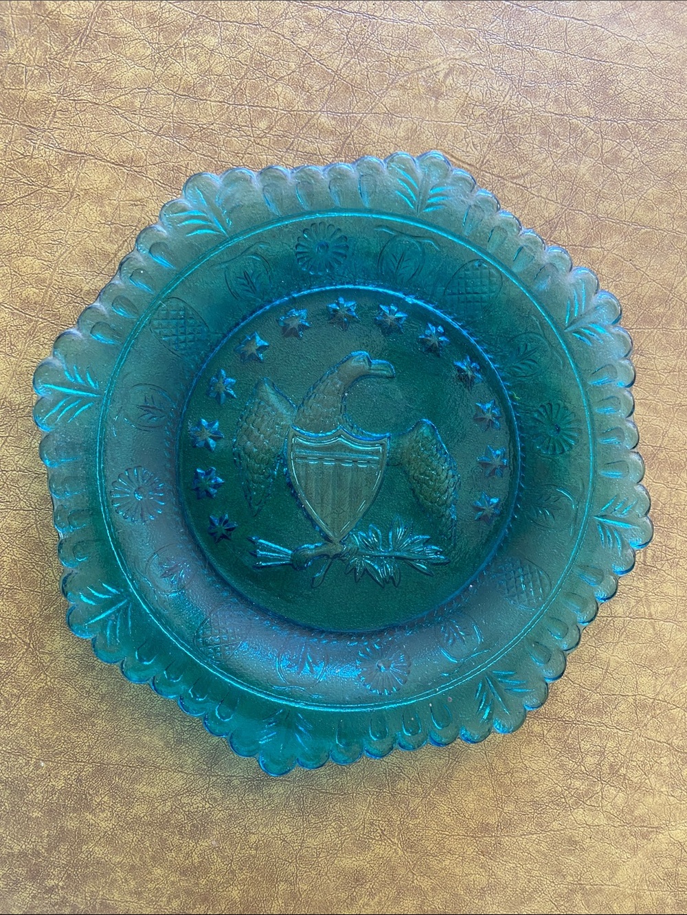 Vintage 1976 commemorative eagle 🦅 Glass Plate - Teal Green Home Art